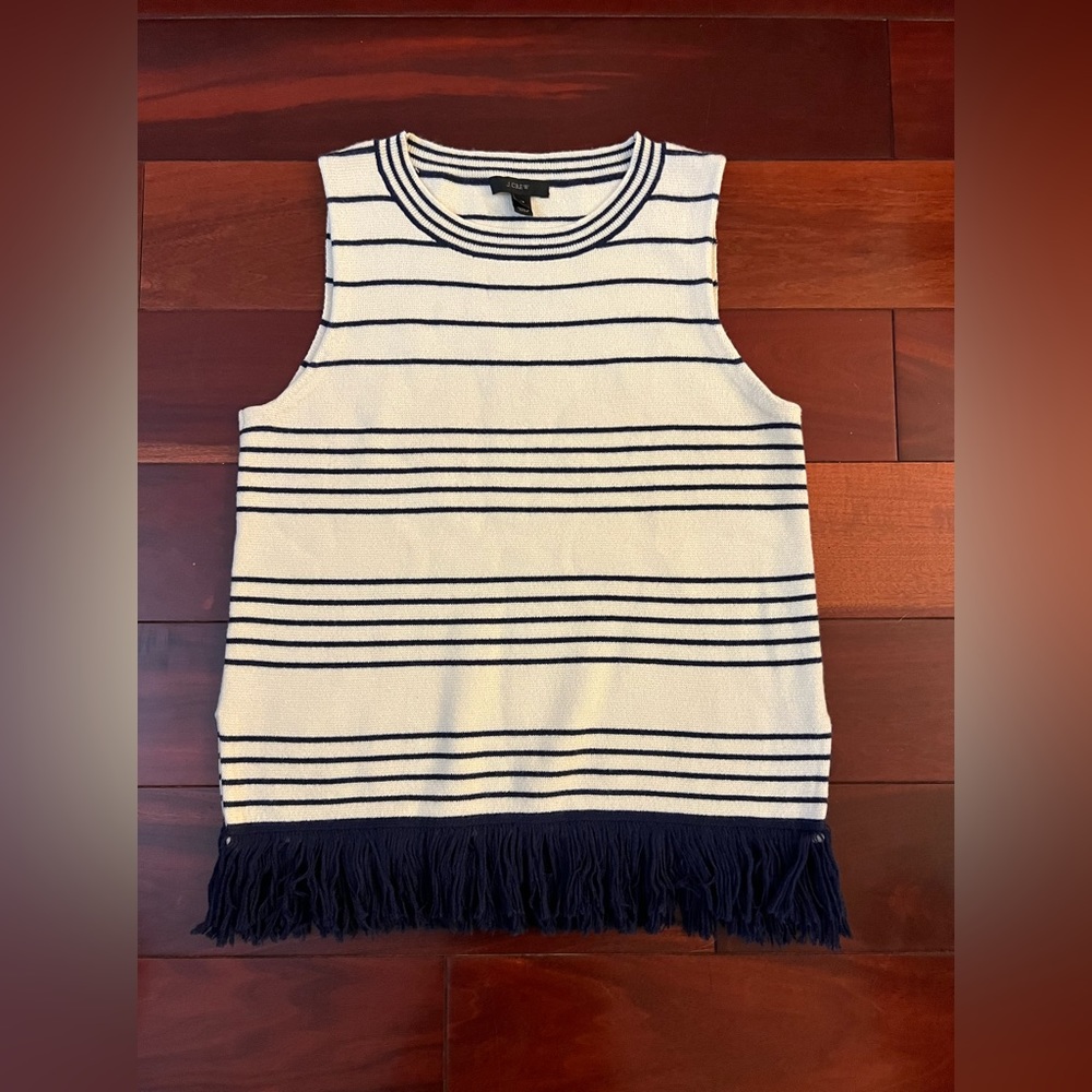 J.Crew fringe sleeveless sweater cream navy Sz XS